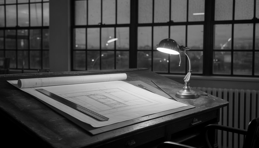 A drafting table with plans, a ruler and a desk lamp in an empty studio, in black and white