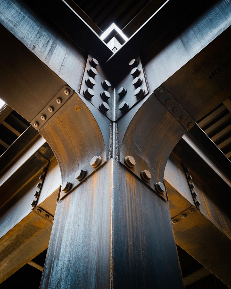 A riveted steel beam joint seen from below, holding the weight of the structure above it