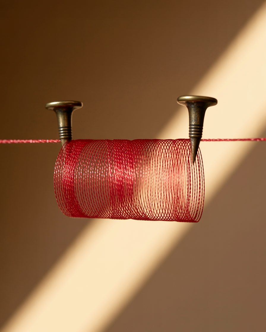 A red thread wound tight between two brass pins, in warm afternoon light