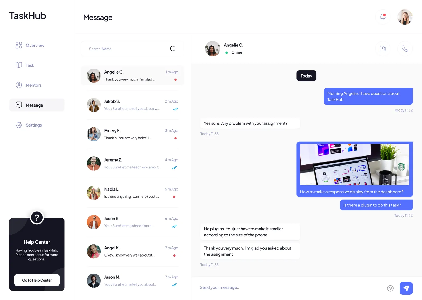 Task Hub: a messaging conversation between two team members inside the app