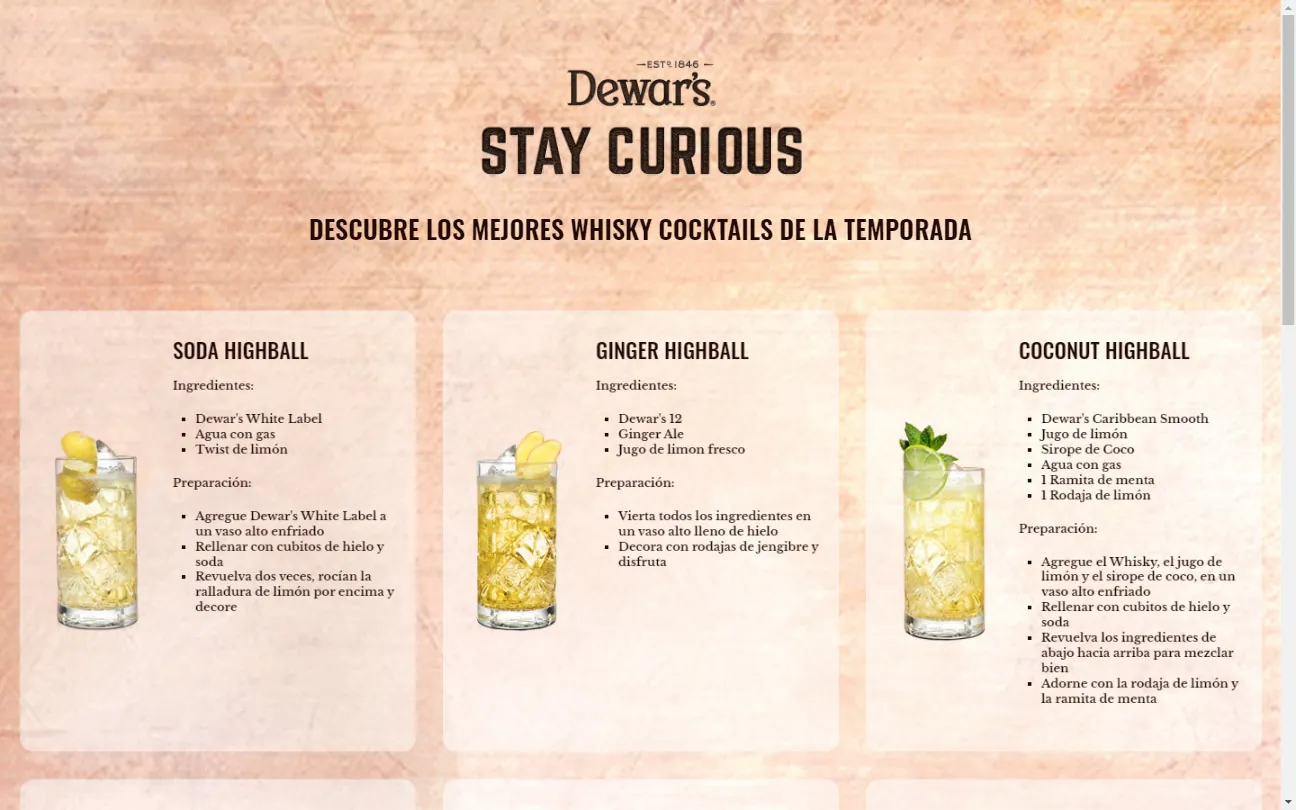 Dewar's: a Stay Curious page with three whisky highball recipes