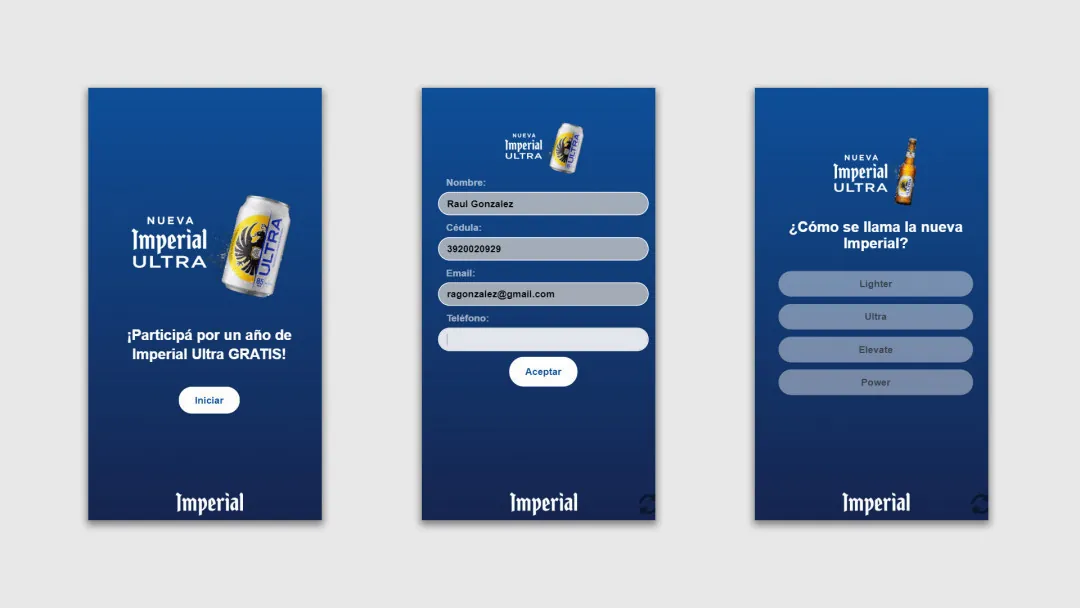 Imperial Ultra: three screens of the trivia app, from the start screen to a question