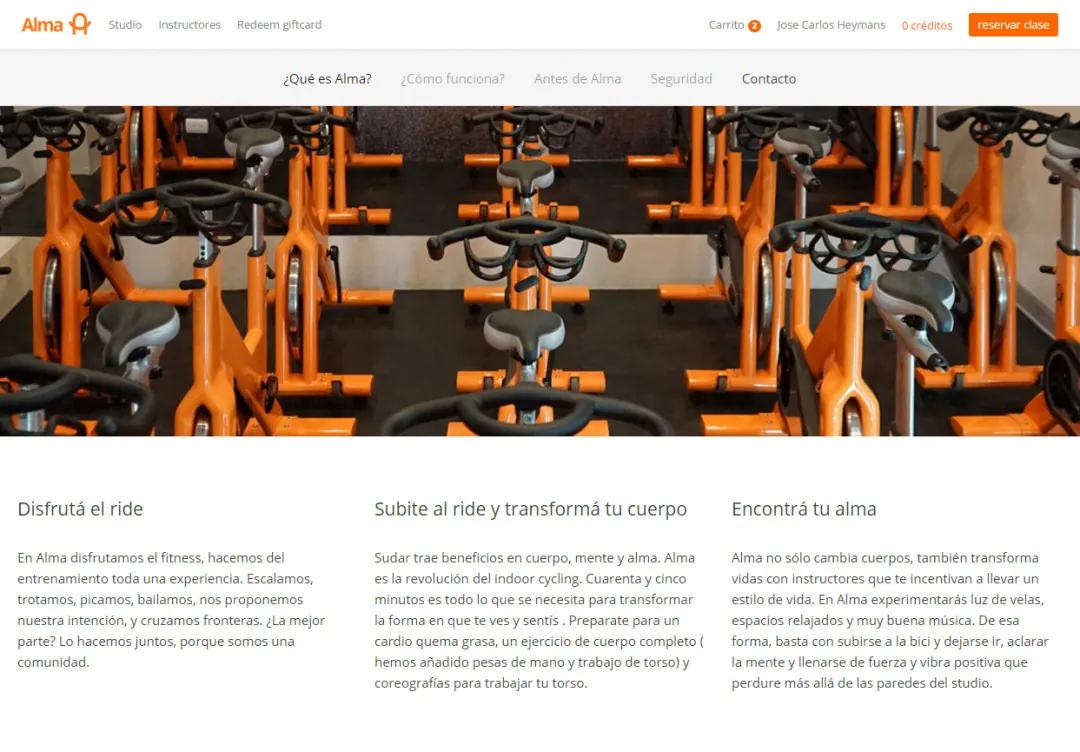 Alma Studio: the studio's landing page showing a row of orange indoor cycling bikes