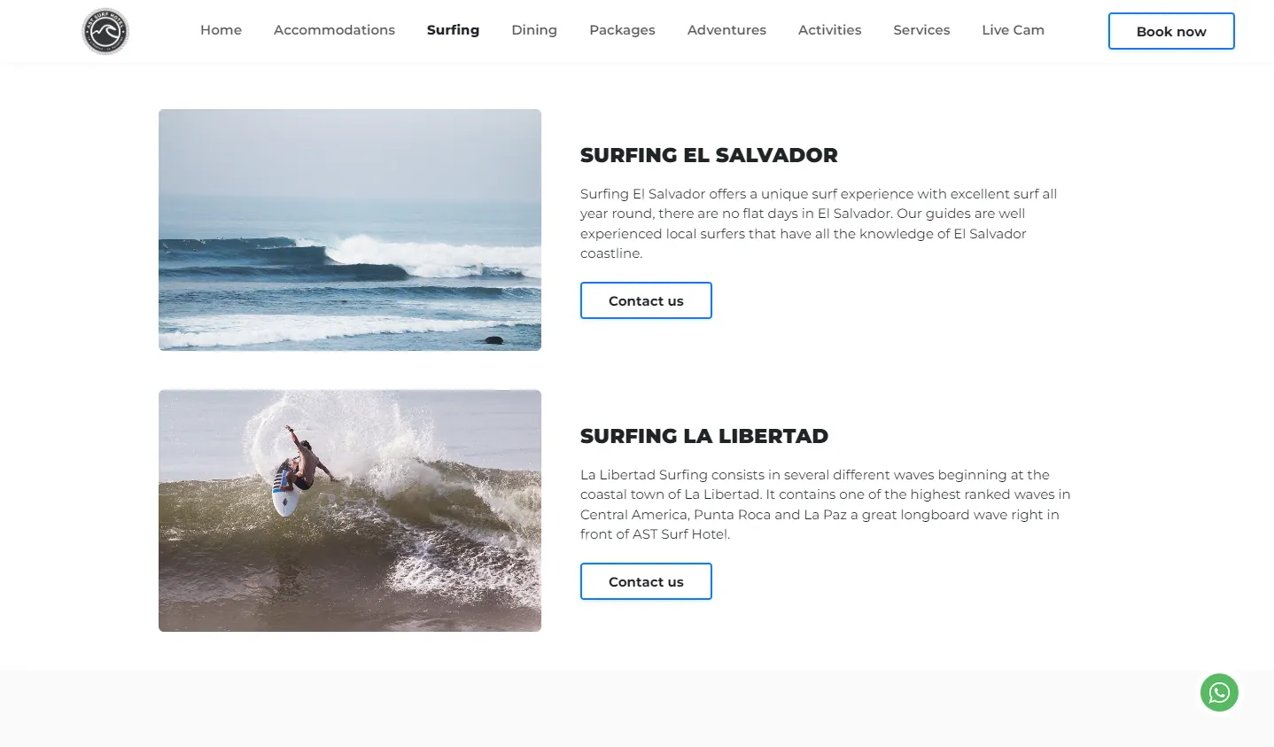 AST Surf Resort: a surfing page describing nearby waves, with a photo of a wave and a surfer