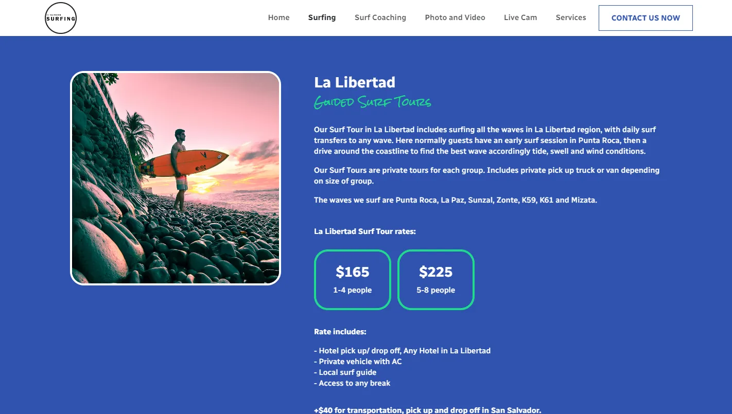 El Salvador Surfing: a guided surf tour page with pricing by group size