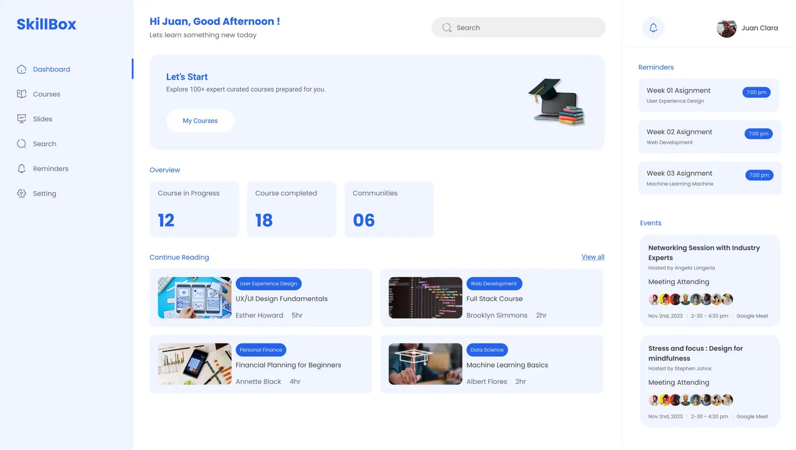 Skillbox: a learner's dashboard showing course progress and reminders