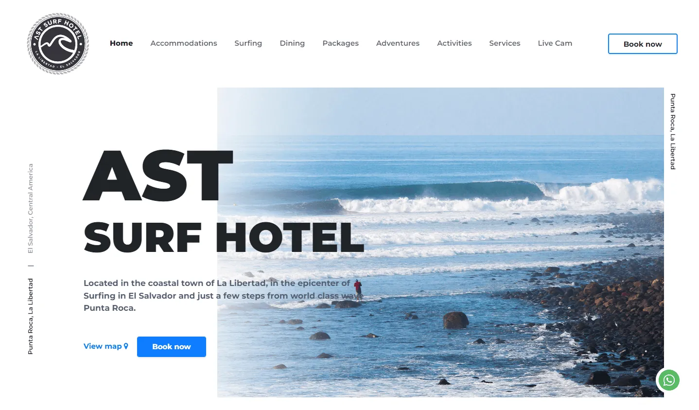 AST Surf Resort: the homepage hero showing a wave breaking near the hotel