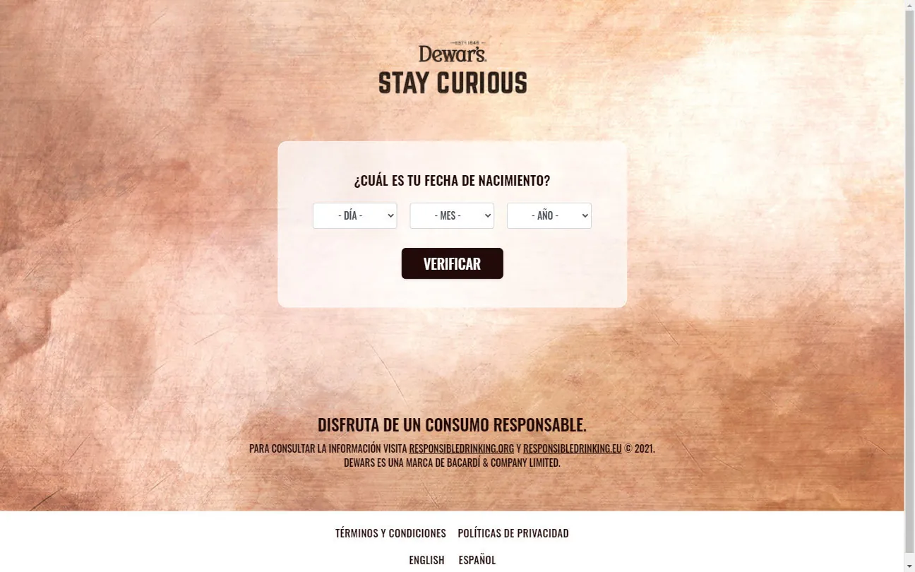 Dewar's: the Stay Curious age verification screen asking for a birth date