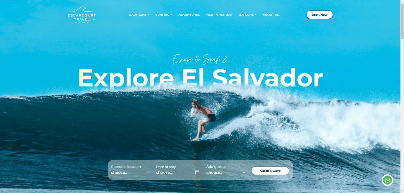 Escape Surf Travel: the homepage hero of a surfer riding a wave, with a booking search bar
