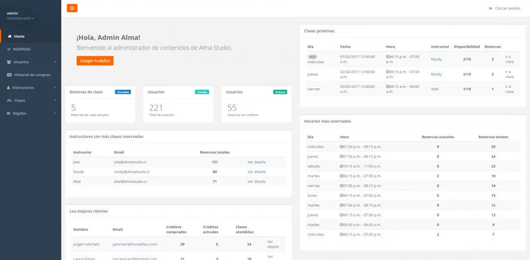 Alma Studio: the admin dashboard showing class bookings, users and instructor stats