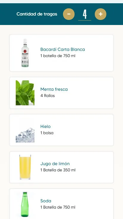 Mix Perfecto: a shopping list of ingredients scaled to four drinks