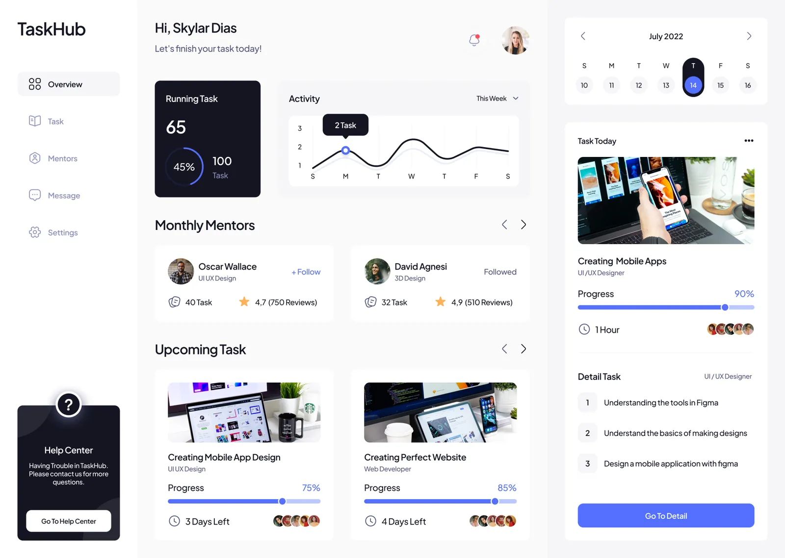 Task Hub: the dashboard showing running tasks, weekly activity and a calendar