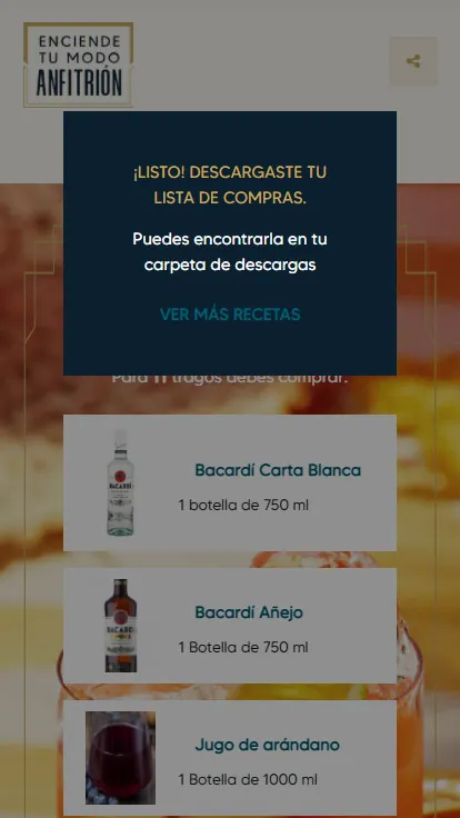 Mix Perfecto: a confirmation screen after downloading the shopping list