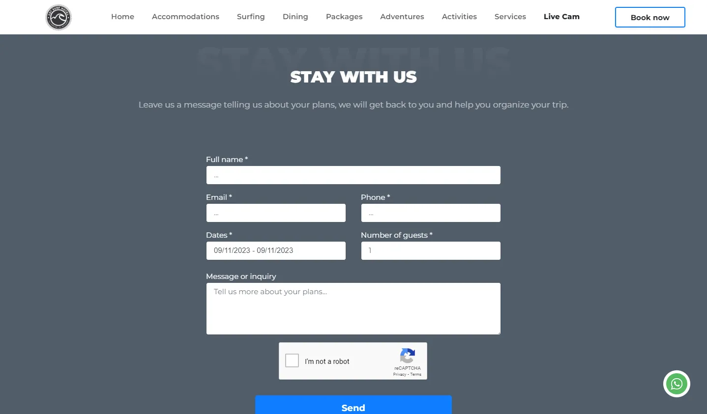 AST Surf Resort: a booking inquiry form for a stay at the resort