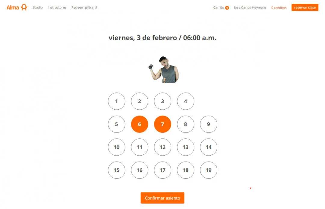 Alma Studio: a seat selection screen for a scheduled class, with two seats reserved