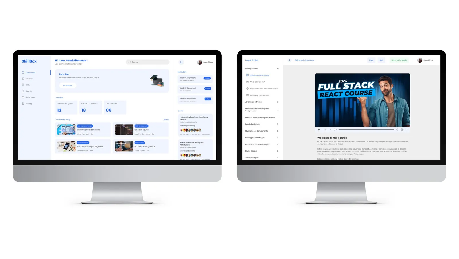 Skillbox: the dashboard and a video lesson shown side by side on two screens