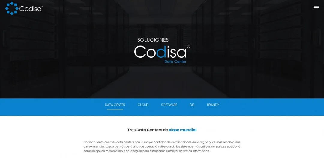 Codisa: the data center solutions page with tabs for cloud, software and other services