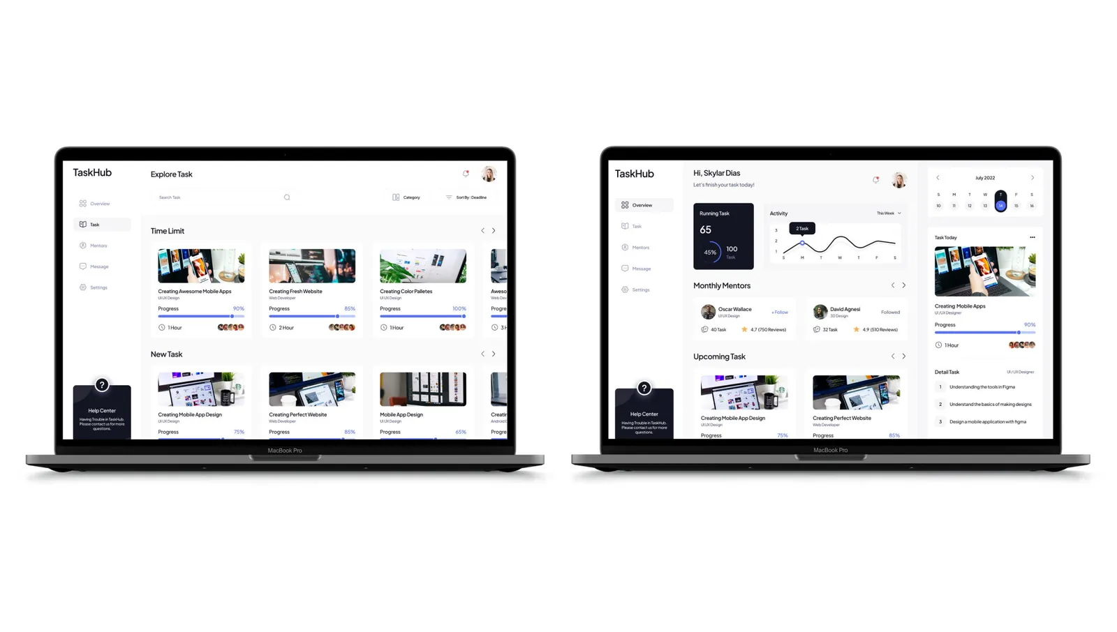 Task Hub: the task explorer and dashboard screens shown on two laptops