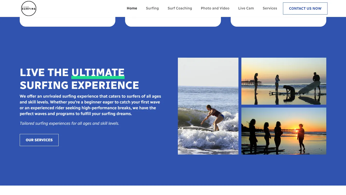 El Salvador Surfing: the homepage hero with photos of surfers on the beach at sunset