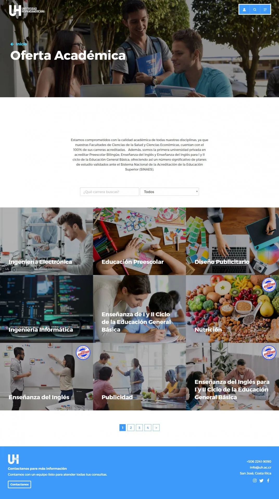 Universidad Hispanoamericana: the academic programs page with a grid of degree cards
