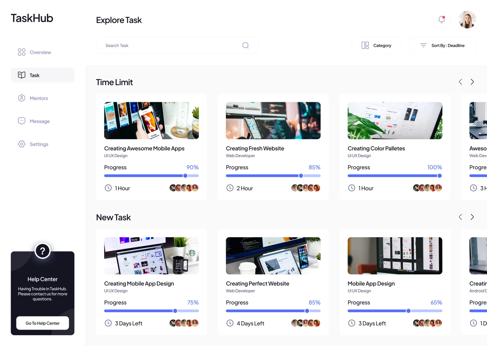 Task Hub: the task explorer showing cards with progress bars and deadlines