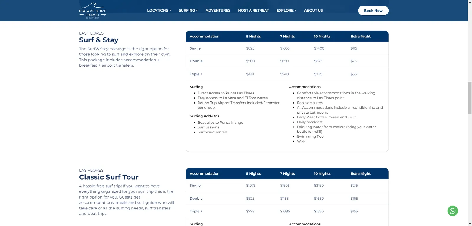 Escape Surf Travel: a surf and stay package table with pricing by room type