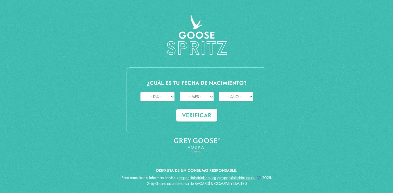 Goose Spritz: the age verification screen in front of the Grey Goose logo