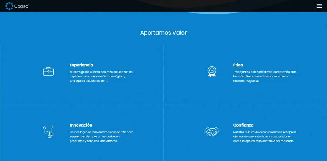 Codisa: a four-column section listing the company's values, experience and trust