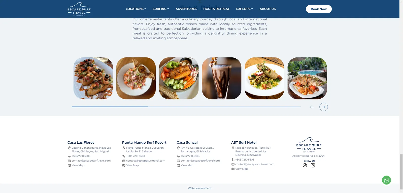 Escape Surf Travel: a row of restaurant dishes above the footer listing each property