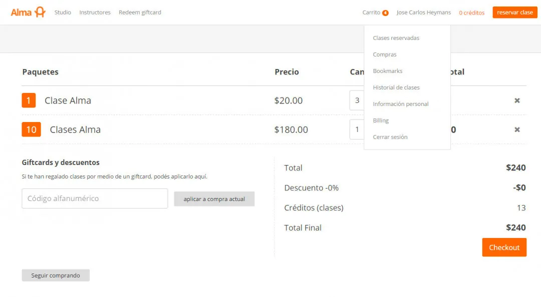 Alma Studio: the cart showing class credit packages and their prices
