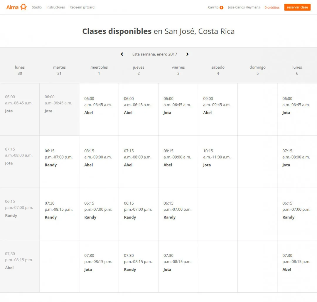 Alma Studio: the weekly class schedule showing available times by instructor