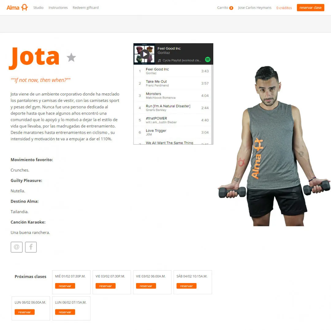 Alma Studio: instructor Jota's profile page with a workout playlist